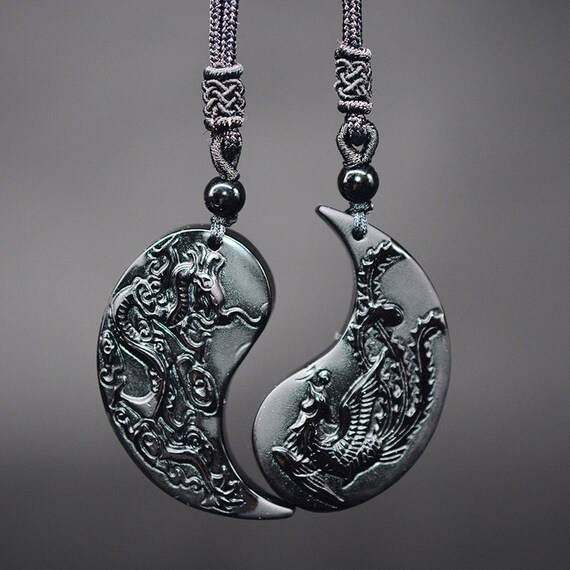 1 Set Obsidian Carving Dragon and Phoenix Necklace Pendant YIN