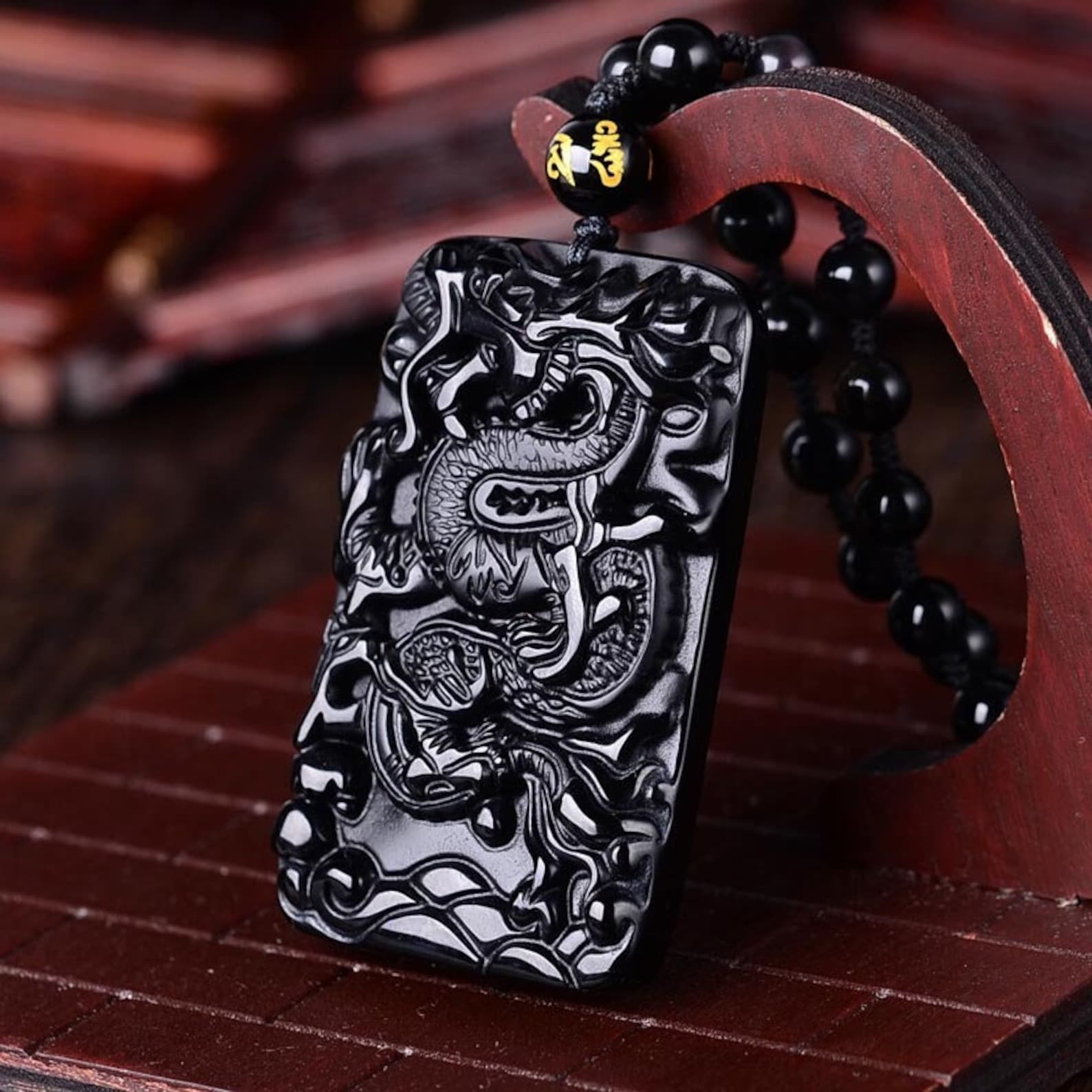 Obsidian Antique Dragon Necklace Amulet Dragon Pendant Crystal Jewelry ...