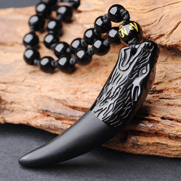 Natural Obsidian Wolf dent Pendanttère Collier Man Charm Bijoux Accessoires de mode