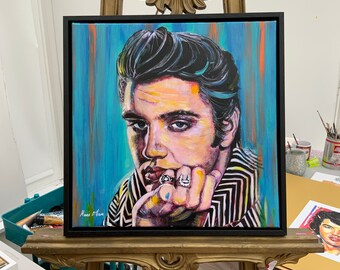 Elvis Presley wall art, original portrait, framed in smart black wooden frame. Original painting of the iconic King of rock and rolI