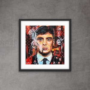 Puede incluir: Una pintura de un hombre con cabello oscuro y una expresi&oacute;n seria. Lleva un traje y corbata y tiene un cigarrillo en la boca. El fondo es un dise&ntilde;o abstracto rojo y negro con un patr&oacute;n de Louis Vuitton.