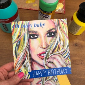 Britney Spears-verjaardagskaart, Britney-wenskaart, kleurrijke Britney-illustratie geïnspireerd door Britney Spears, oh Baby baby