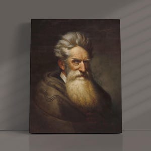 May include: A painting of a man with a long white beard and a dark brown coat. He has a serious expression on his face and is looking to the right. The background is dark and blurry.