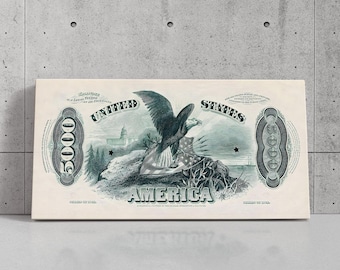 1878 US 5000 Dollar Bill Canvas Print – Wide Vintage Currency Wall Art w/ American Eagle, Currency Collector, American History Office Decor