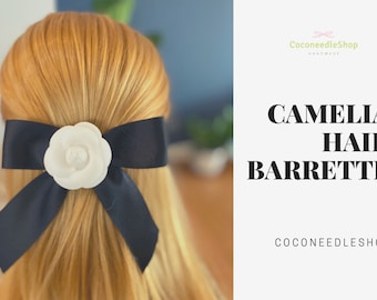 CoconeedleShop Handmade Camelia Hair Bow on A French Barrette/ Classic design/Luxurious Black Matt Satin Ribbon
