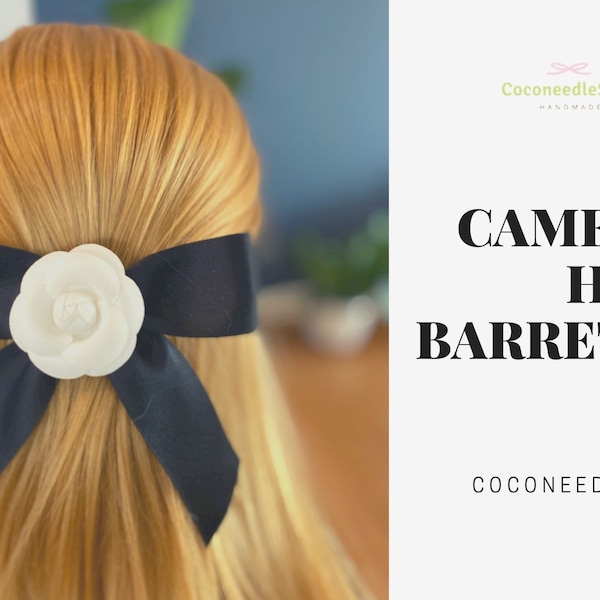 Handmade Camelia Hair Bow on a French Barrette/ Classic design/Luxurious Black Matt Satin Ribbon