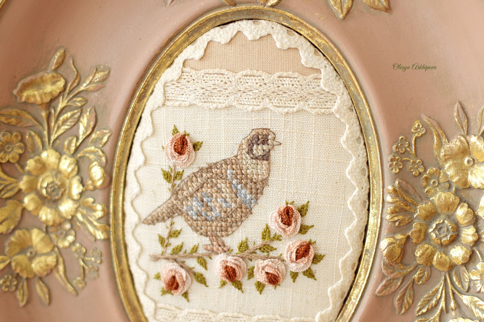 Big oval frame vintage embroidery art shabby chic frame Etsy