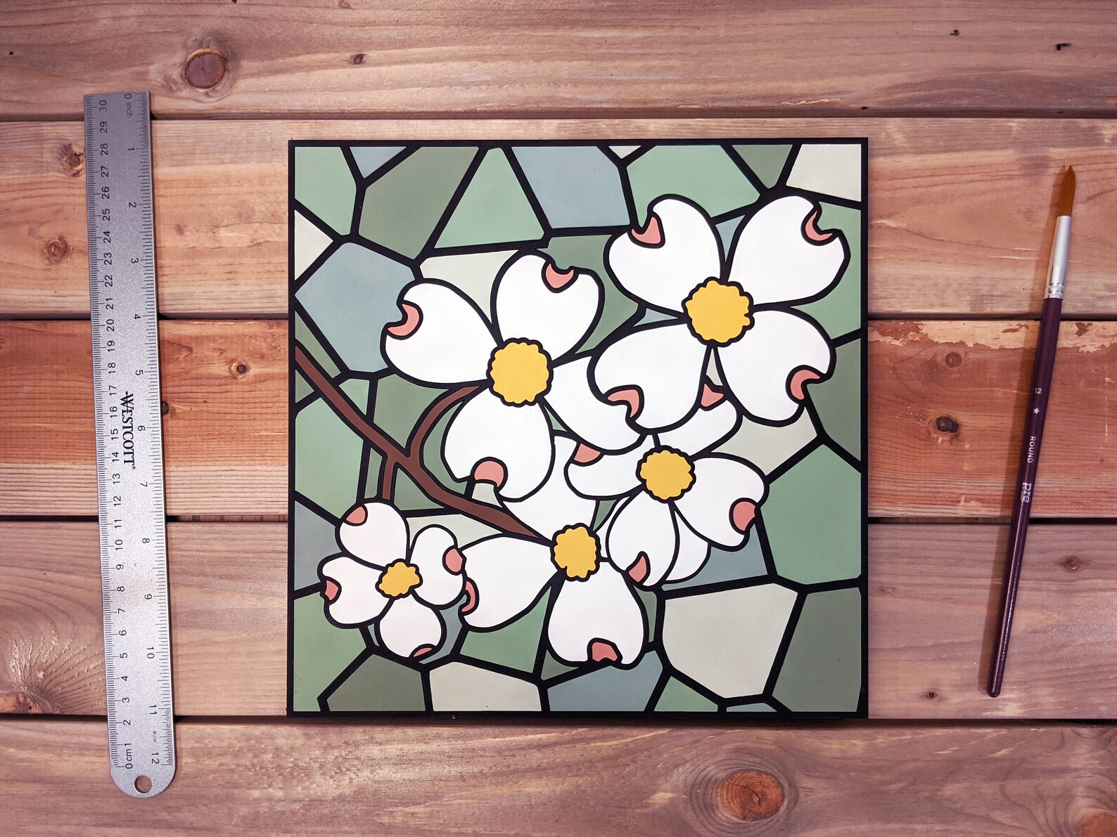 Flowering Dogwood Faux Stained Glass Wood Art Handmade Etsy