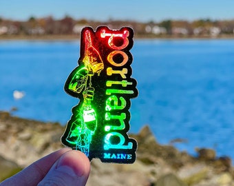 portland maine holographic sticker, maine sticker, pine tree sticker, maine decal, 207 sticker