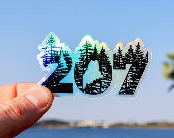 207 Holographic Maine Sticker, Pine Tree State Decal, Lobster Vinyl Sticker, Maine Souvenir