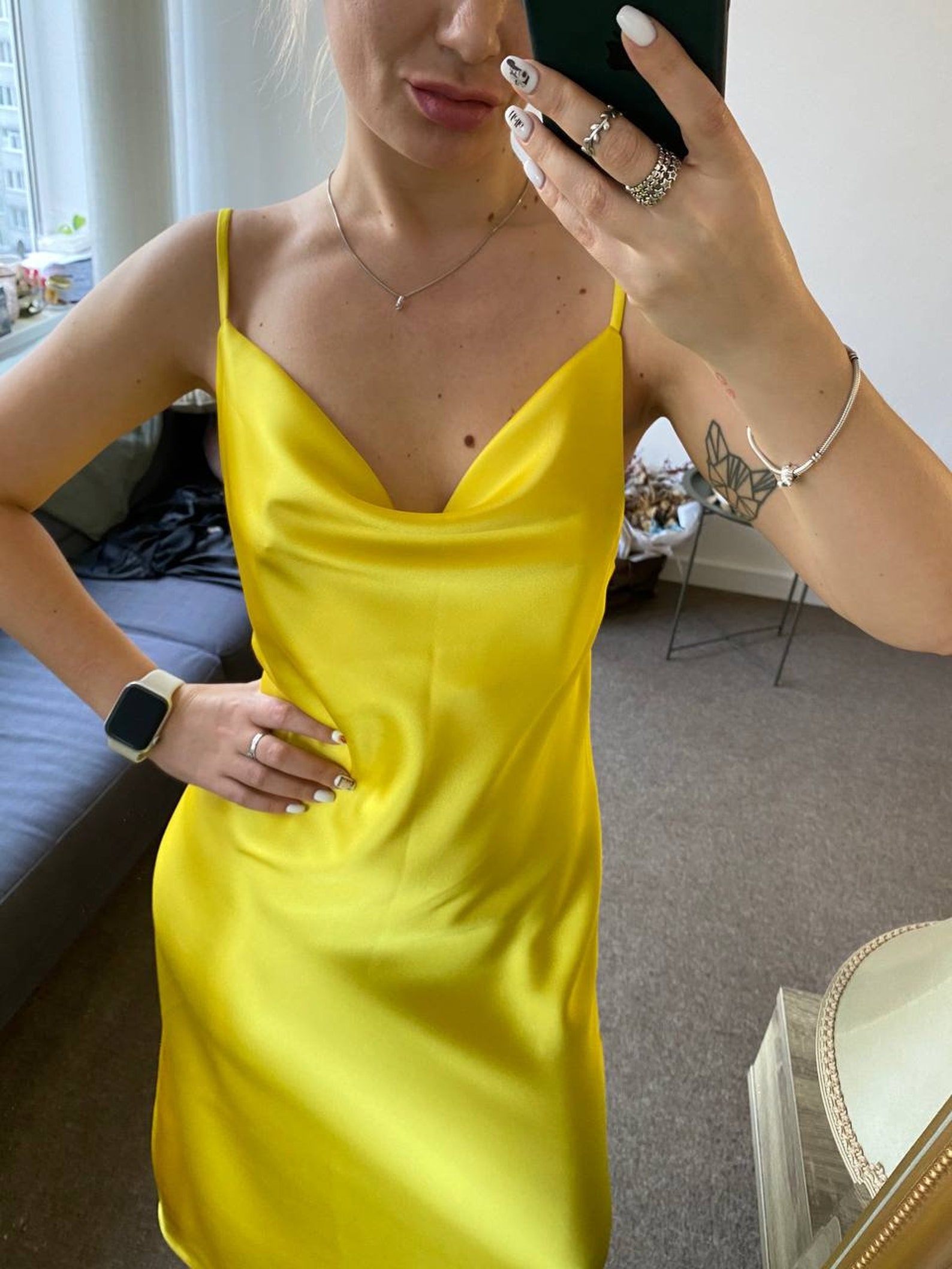 Satin dress yellow dress silk combination dress slip dress Etsy