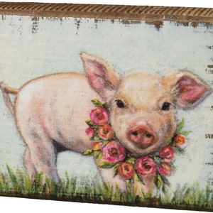 Piglet with Wreath Wooden Box Sign, Farmhouse Tiered Tray Decor, Pig Lover Gift, Small Wood Sign