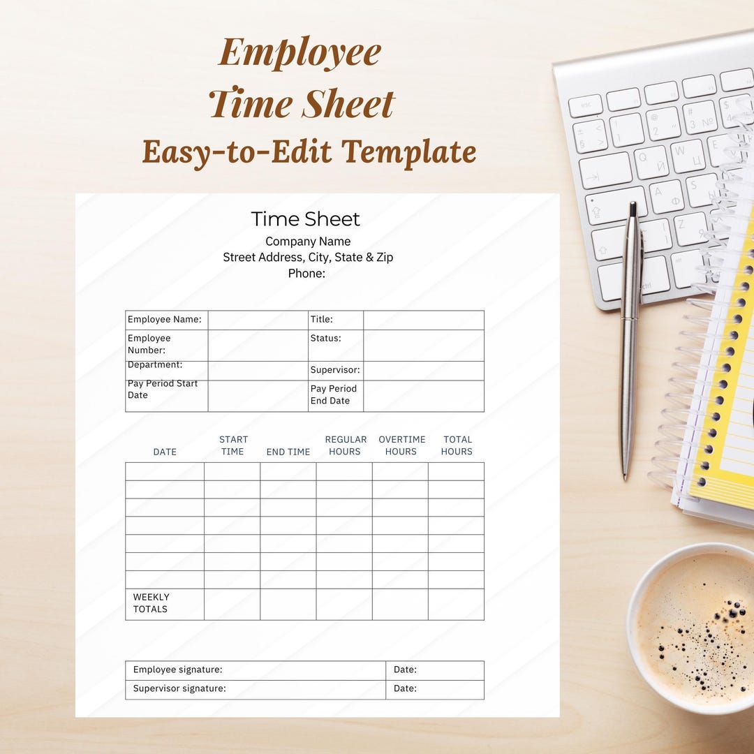 Editable Employee Time Sheet Template: Weekly Time Tracker (US Letter ...