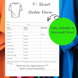 Sjabloon T-shirtbestelformulier – PTA, PTO, inzamelingsactie voor kerk, school – bewerkbaar in Microsoft Word – Digitale download – Flyer afdrukken en gebruiken