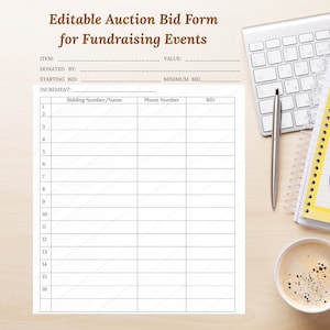 Editable Silent Auction Bid Sheet Template: Printable Fundraiser Form (Microsoft Word)