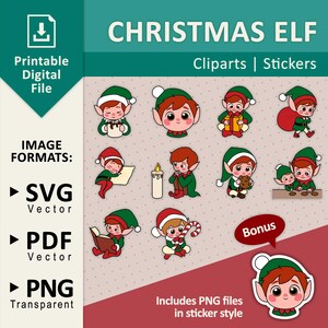 Weihnachtselfen Clipart & Sticker Pack | Weihnachtszwerge und Kawaii-Kunst | PNG und SVG für Sublimation, digitale Planer und DIY