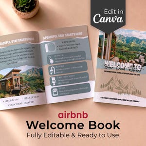 May include: A welcome book for an Airbnb rental, featuring a tri-fold brochure layout with text, mountain landscape photography, and icons for house rules. The design includes the title Welcome to Bear Creek Retreat and contact information.