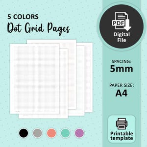 Puede incluir: Cinco páginas de cuadrícula de puntos imprimibles en formato A4 en negro, gris, coral, verde azulado y morado. El espaciado de la cuadrícula es de 5 mm. Las páginas están diseñadas para su uso con bolígrafo o lápiz.