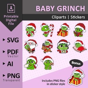 Baby Grinch SVG Clipart and PNG Bundle | Grinch Face, Ornament SVG, In My Grinch Era Digital Stickers for Planners & Laptops