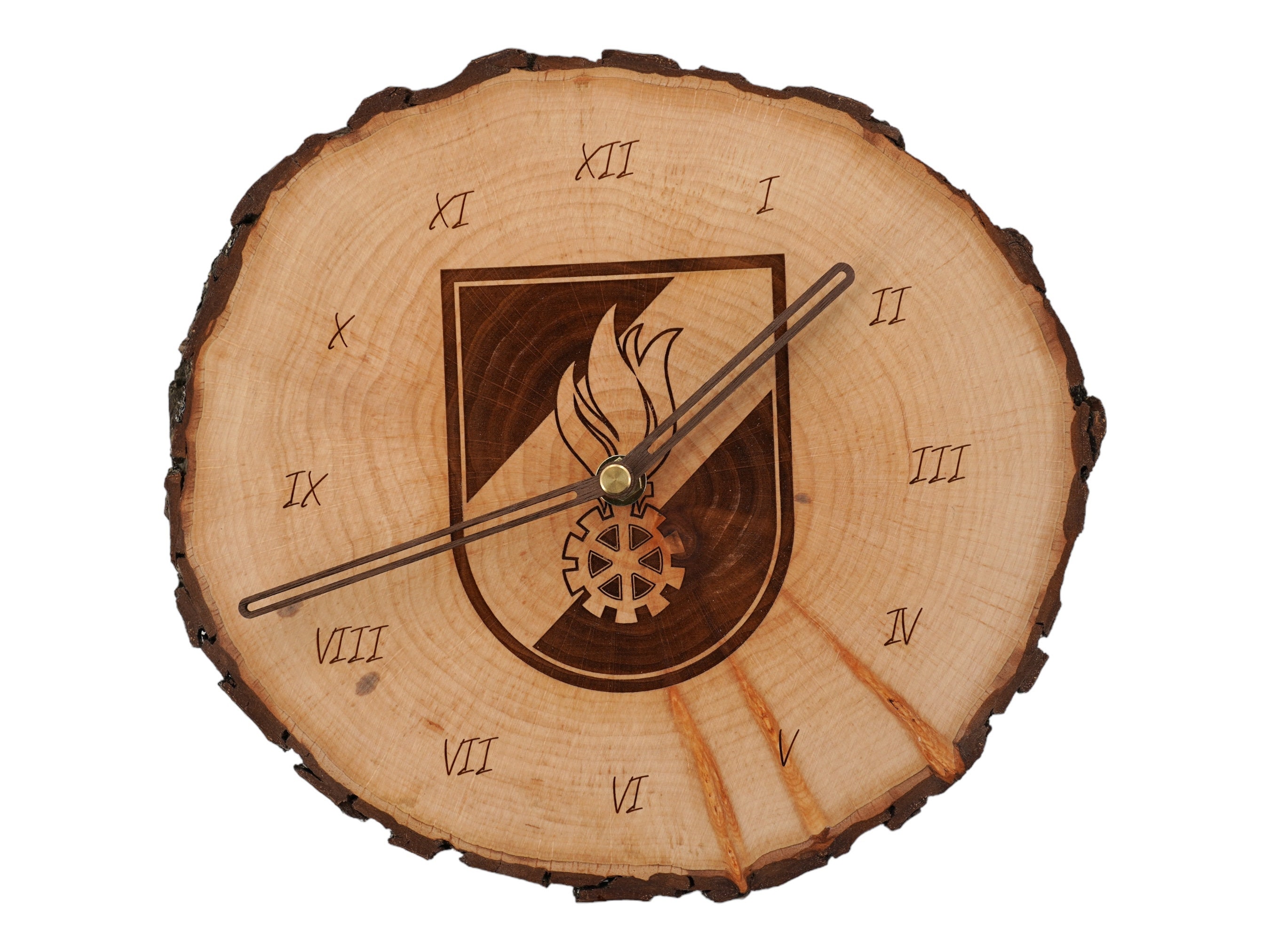 Wall decoration fire department clock | Personalizable Gift | Rustic wall clock wooden bark | Austrian Fire Department Logo | Laser engraved dedication