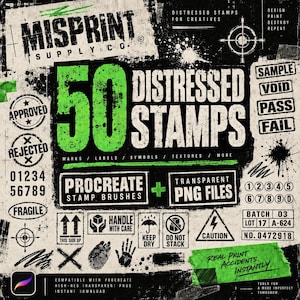 以下が含まれることがあります： Misprint Supply Co.による「50 Distressed Stamps」というタイトルのデジタルグラフィックセット。黒とネオングリーンのテキスト、Approved、Rejected、Fragile、Cautionなどのスタンプアイコン、数字、記号が含まれており、ProcreateやPNGファイルとして使用可能です。