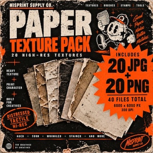 Op de afbeelding: Een digitale productadvertentie voor een papiertextuurpakket met de tekst Paper Texture Pack, 20 High-Res Textures en 20 JPG + 20 PNG. De afbeelding toont vijf overlappende vellen verouderd, gevlekt en gekreukt papier op een zwarte achtergrond.