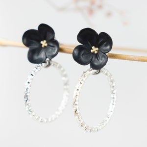Black flower earrings | floral hoop earrings | black hoop earrings | polymer clay flower earrings | drop polymer clay earrings | silver hoop
