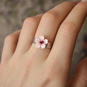 Sakura ring, polymer clay flower ring, cherry blossom ring, sakura flower adjustable ring,  pink flower ring silver, stainless steel ring