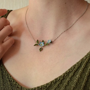 Forget me not necklace, blue flower necklace pendant, polymer clay flower necklace, myosotis flower necklace, branch necklace, blue jewelry