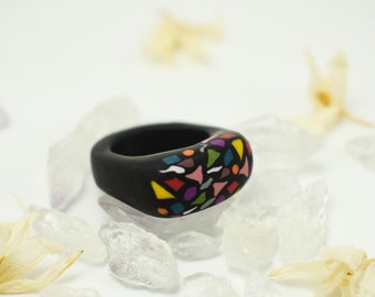 Colorful band ring, black minimalist ring, black polymer clay ring, black chunky ring, black plastic ring, geometric ring, black men’s ring