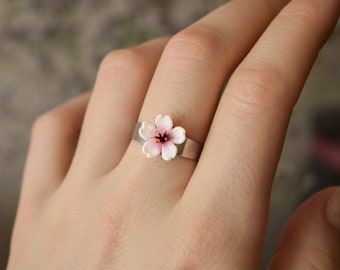 Sakura ring, polymer clay flower ring, cherry blossom ring, sakura flower adjustable ring,  pink flower ring silver, stainless steel ring