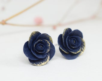 Blue rose stud earrings | polymer clay rose earrings | dark blue clay earrings | navy blue earring | polymer clay rose | clay rose jewelry