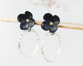 Black flower earrings | floral hoop earrings | black hoop earrings | polymer clay flower earrings | drop polymer clay earrings | silver hoop