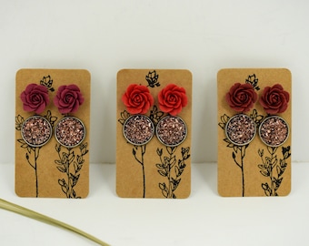 Set of 2 red rose earrings, stud rose earrings, stud polymer clay earrings, stud flower earrings, polymer clay rose earrings, earrings set