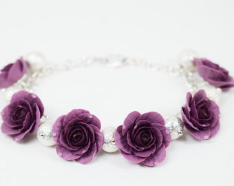 Purple rose bracelet | purple charm bracelet | purple flower bracelet | floral polymer clay bracelet | silver flower bracelet | clay rose