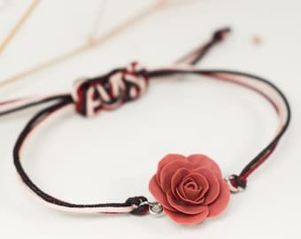 Cord rose bracelet | cord charm bracelet | pink rose bracelet | rose charm bracelet | cord polymer clay bracelet | polymer clay rose jewelry