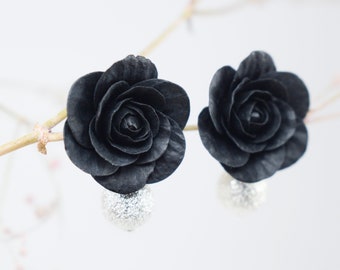 Black rose earrings | polymer clay rose earrings | stud black rose earrings | drop rose earring | drop flower earring | black flower earring