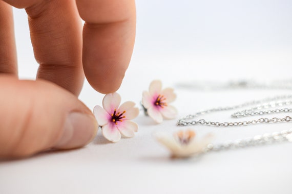 Cherry Blossom Necklace, Sakura Necklace Pendant, Polymer Clay