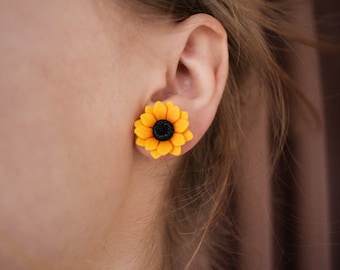 Boucles d’oreilles tournesol à goujons, boucles d’oreilles à clous floraux, boucles d’oreilles fleurs en argile polymère, boucles d’oreilles fleurs jaunes, boucles d’oreilles de mariée, bijoux de tournesol