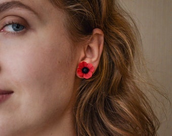 Stud poppy earrings, polymer clay flower earrings, floral polymer clay earring, red flower earring, poppy jewelry, poppy flower stud earring