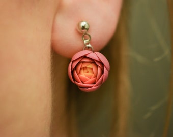 Drop peony earrings,  drop polymer clay earrings, polymer clay peony earring, drop flower earring, dangle flower earring, ranunculus earring
