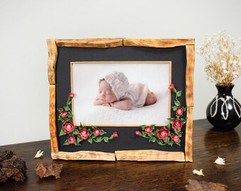 Floral Photo Frame, Cold Porcelain Roses, Palo Santo Wood, 4x6