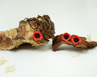 Poppy flower jewelry set, clay poppy earrings, poppy necklace, polymer clay flower, stud poppy earrings, Valentine's day gift for her