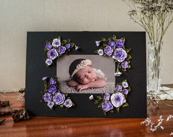 Floral picture frame, 4x6 photo frame, white wedding gift, one-of-a-kind photo frame, cold porcelain flower, black photo frame, purple rose