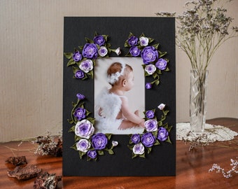 Floral picture frame, 4x6 photo frame, white wedding gift, one-of-a-kind photo frame, cold porcelain flower, black photo frame, purple rose