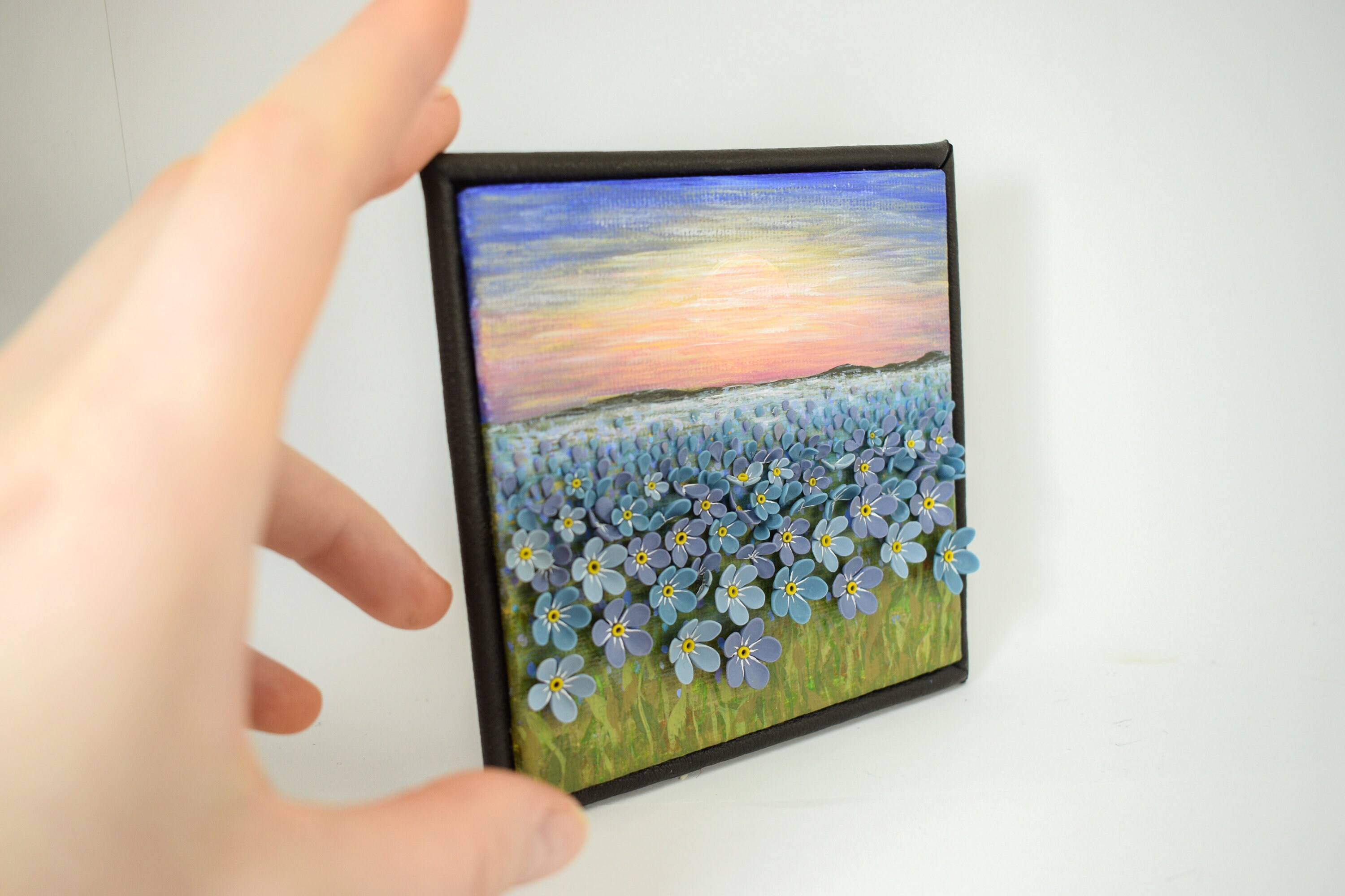 Floral Landscape Painting Polymer Clay Painting Forget Me Not