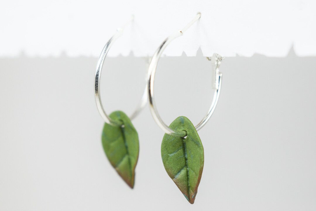 Hoop Leaf Earrings Polymer Clay Leaf Earrings Green Leaf Etsy