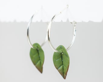 Sterling Silver Hoop Earrings | Handmade Polymer Clay Green Leaf
