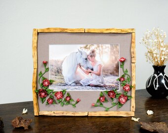 Cadre photo floral, roses froides en porcelaine, bois de Palo Santo, photo 4 x 6