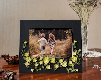 Floral picture frame, 4x6 photo frame, white wedding gift, one-of-a-kind photo frame, cold porcelain flower, black photo frame, yellow rose